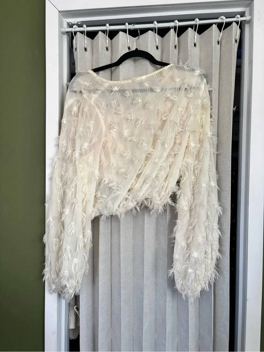 Sheer Ivory Fringe-Detail Women's Top - Lightweight Button Front - Picture 2 of 3